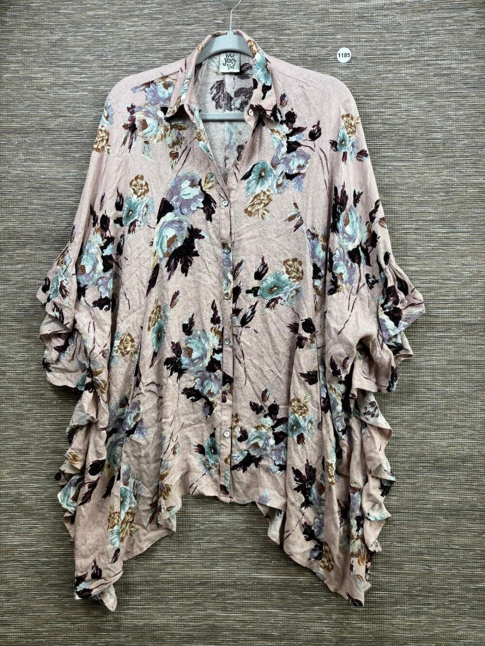 Ivy Jane Floral Tunic Top Womens OS Pink Button Front Kimono Sleeve Oversized